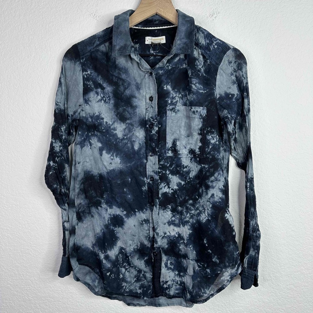 Pilcro Anthropologie Shirt XS Blue Tie-Dye Button Retro Hippie Boho Artsy Casual